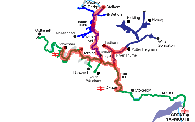 Route map for 4 night holiday from Horning